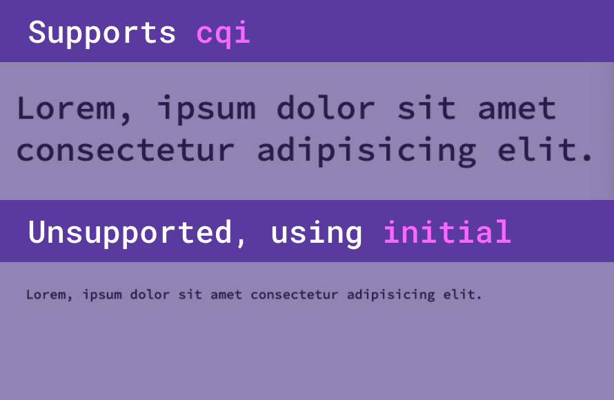 Two type samples, where the top is in a browser that supports cqi and the font renders at a large size, whereas the bottom sample is in an unsupported browser for cqi and the font renders at the initial size of 1rem.